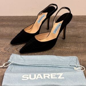 SUAREZ Black Suede Slingback Heels – Made in Italy – Size 38.5